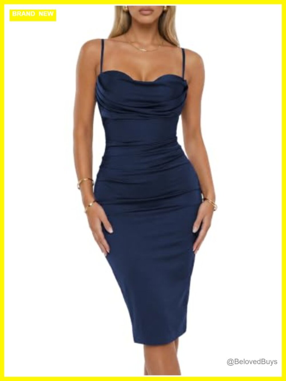 Built-in Bra Cowl Neck Bodycon Midi Dress Sleeveless Ruched Party